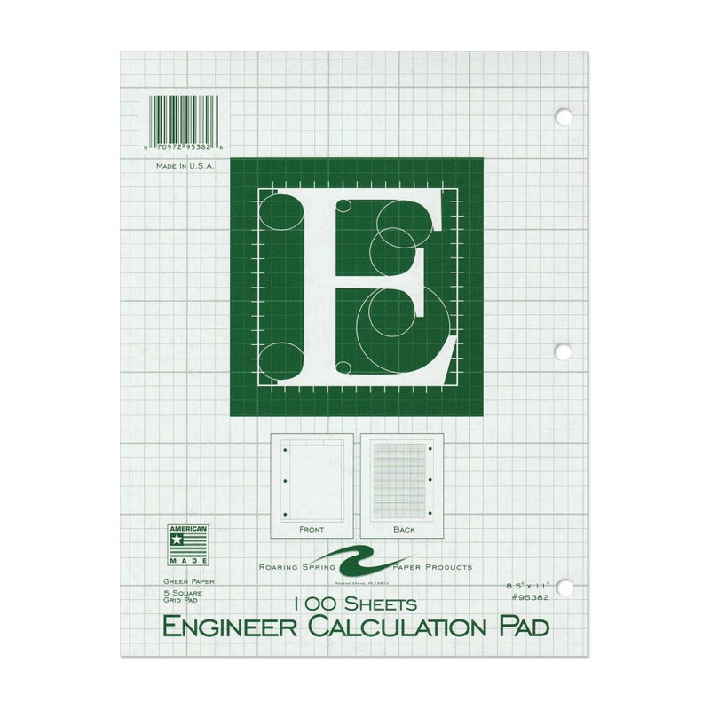 ROARING SPRING Engineering Pad, 8.5" x 11", 100 Sheets 15lb Green Paper, 5x5 Printed Back Enclosed Grid, Top Glued, 3-Hole Punched, Proudly Made in USA, Heavy Backing Board - Image 1